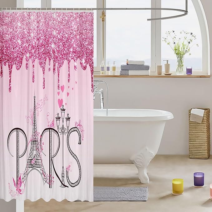 Feelyou Eiffel Tower Shower Curtain 72"x72" Glitter Romantic Paris Bathroom Shower Curtain Set for Boys Girls Teens Ombre Pink Butterfly Bath Curtain Modern French Bathroom Accessories(No Glitter)