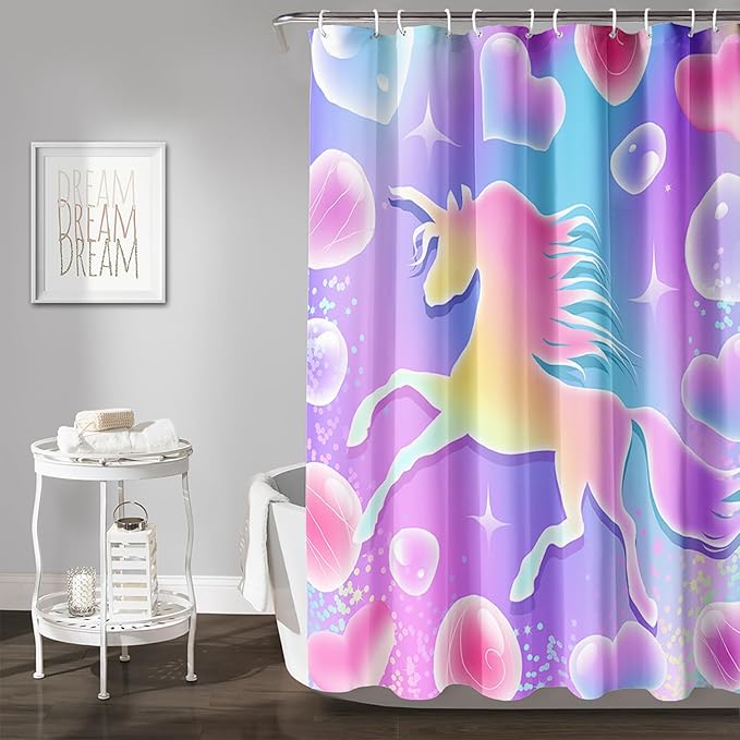 AILONEN Girls Unicorn Shower Curtain for Bathroom, Pink Hearts Rainbow Unicorn Bath Curtain,Cute Unicorn Kids Shower Curtain 60" W*72" H Polyester Waterproof Bathroom Curtain with 12 Hooks