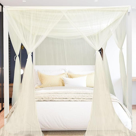 South to East Beige Canopy Bed Curtains, 4 Corner Post Bed Canopy, Top Elegant Bed Drapes for Bedroom Decor, 75D Polyester Mesh, 4 Openings, Easy Install, Bed Curtain for King/Queen Size