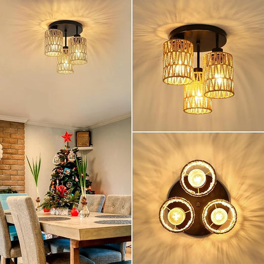 Boho Light Fixtures Ceiling Mount, 3-Light Boho Flush Mount Ceiling Light, Rattan Woven Chandelier Lighting for Farmhouse Bedroom Hallway Entryway Kitchen Nursery