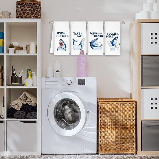 Shark Kids Bathroom Decor Sets of 4 - Shark Towels for Kids Bathroom, Shark Kids Bath Towels 16x24, Toddler Boys Girls Bathroom Decor, Wash Your Hands Bathroom Decor, 16x24