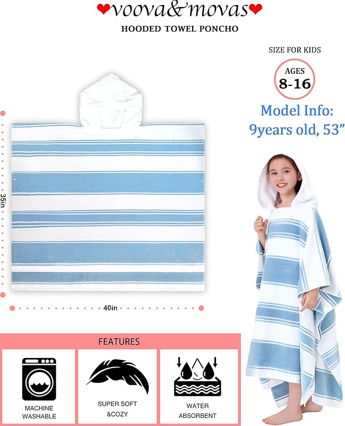 VOOVA & MOVAS Hooded Poncho Towels for Big Kids Boys (8-16Years), 100% Cotton Thick Poncho Towel Robe for Kids, Perfect for Pool, Beach, Bath and Gifts, Blue White Stripe