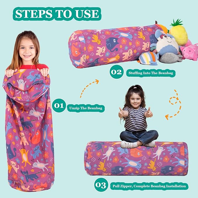 Stuffed Animal Bean Bag Storage Chair for Kids Cover Only (No Filler), Organize, Sit, Play & Boxing, 100% Cotton Canvas Washable, Ultra Soft Cylinder Long Vertical Zipper Best Gift for Child