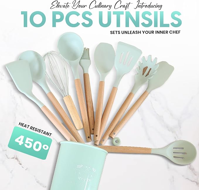 Silicone Utensil Set, 12 PCS Wooden Handle Nontoxic BPA Free 100% Food Grade Silicone Spoon Spatula Ladle Turner Tongs Kitchen Gadgets Utensil Set for Nonstick Cookware (Light Green)