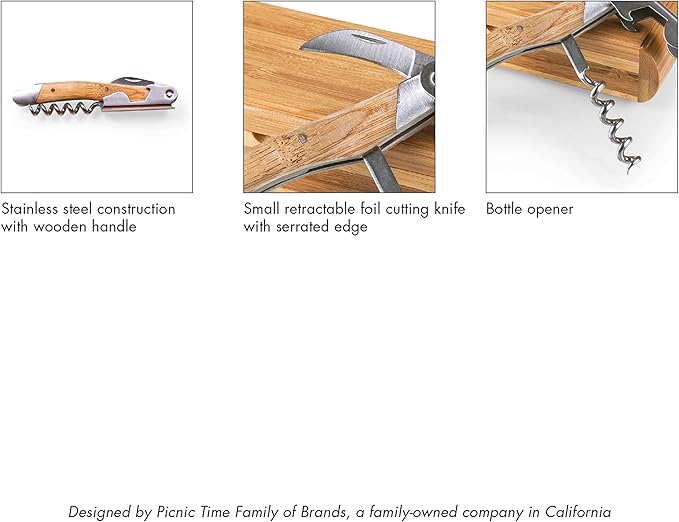 PICNIC TIME NFL Los Angeles Chargers Elan Deluxe Corkscrew In Bamboo Box, Stainless Steel Waiter-Style Corkscrew Opener Kit, Wooden Gift Box, (Bamboo)