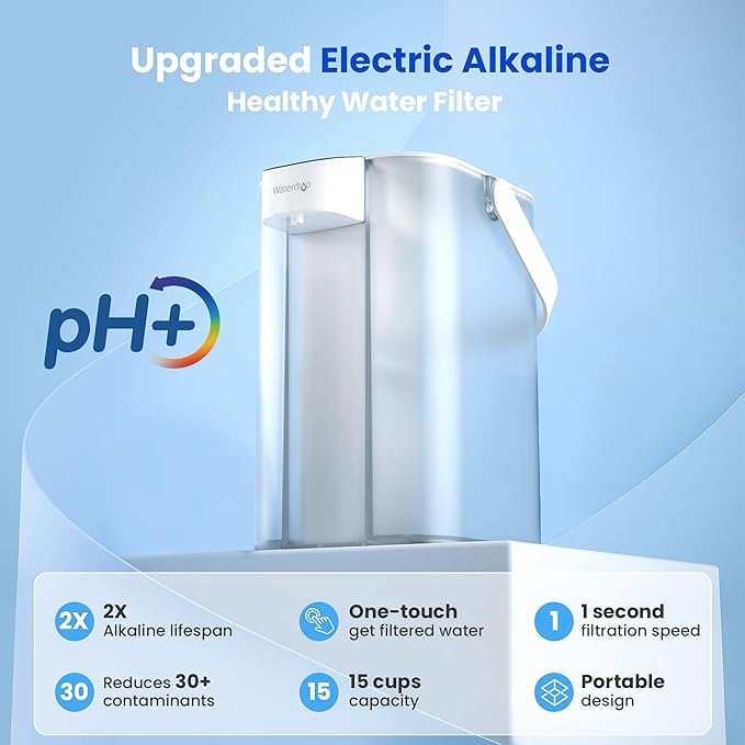 Waterdrop Alkaline Electric Water Filter Pitcher, Dispenser, NSF/ANSI 42, 200-Gallon, 5X Times Long-Life Countertop Water Filter System, Reduce PFOA/PFOS, Chlorine, Lead, 15-Cup, White, with 1 Filter