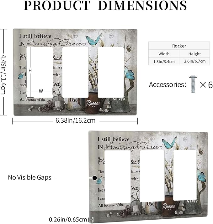 Blue Butterfly Rustic Flower Inspirational Quotes 3 Gang Rocker Light Switch Covers Triple Outlet Wall Plate Decorative Switchplate Cover Faceplate GFCI for Farmhouse Country Bedroom Kitchen Decor