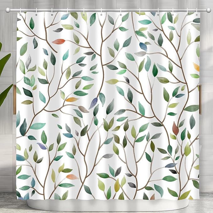 Boho Sage Green Floral Shower Curtain, Spring Summer Colorful Botanical Flower Leaves Bohemian Fabric Shower Curtain Set with 12 Hooks, Bathroom Accessories Decor Cloth Curtain 72x72 Inches