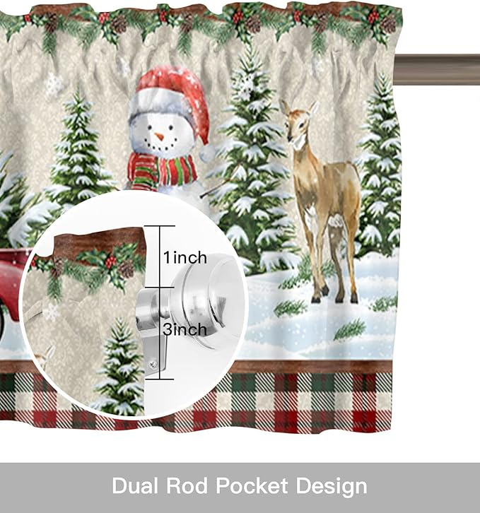 Vandarllin Christmas Farmhouse Kitchen Curtains Valances for Windows Snowman Farm Red Truck Rod Pocket Window Treatment for Kitchen/Living Room/Bedroom/Bathroom,42" X 12" -1 Panel, Winter Holiday
