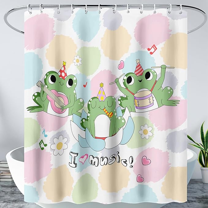AILONEN Frog Shower Curtain, Cute Frog Bathroom Curtain,Music Frog Green Cartoon Kids Shower Curtain 48" W*72" H Polyester Waterproof Frog Bathroom Curtain with 12 Hooks