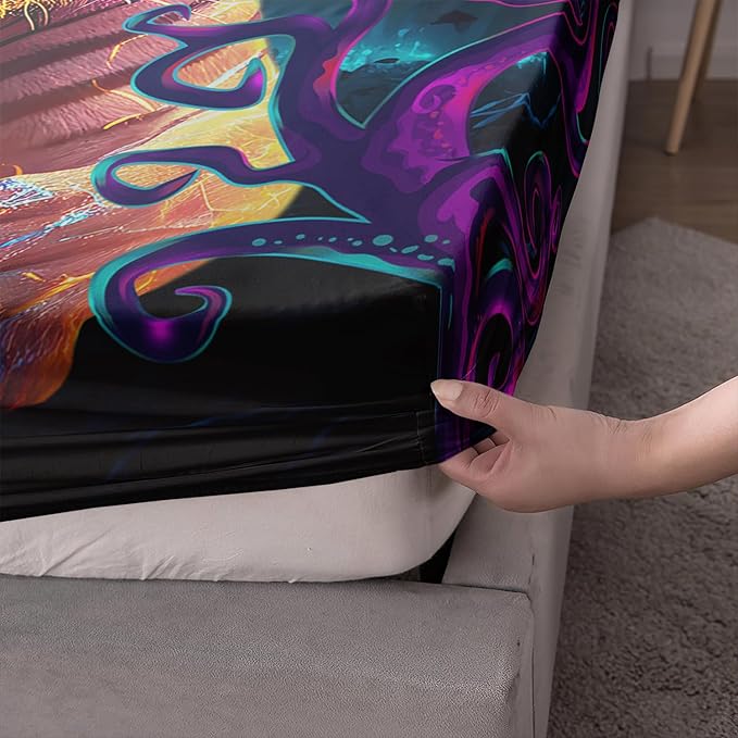 AILONEN Tiger Fitted Sheet Set Twin XL Size, Purple Magic Forest Fierce Tiger Bed Sheet Set for Boys Girls,Howling Tiger Soft Breathable Fitted Sheet and 2 Pillowcases,3 Pieces