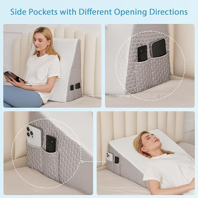 Wedge Pillow for Back Pain Relief, Bed Wedge Pillow for Sleeping, 24×24×12 Inch Memory Foam Anti Snore Pillow, Triangle Pillow Wedge for Sleeping Acid Reflux, Gerd, Elevated Pillow White/Grey