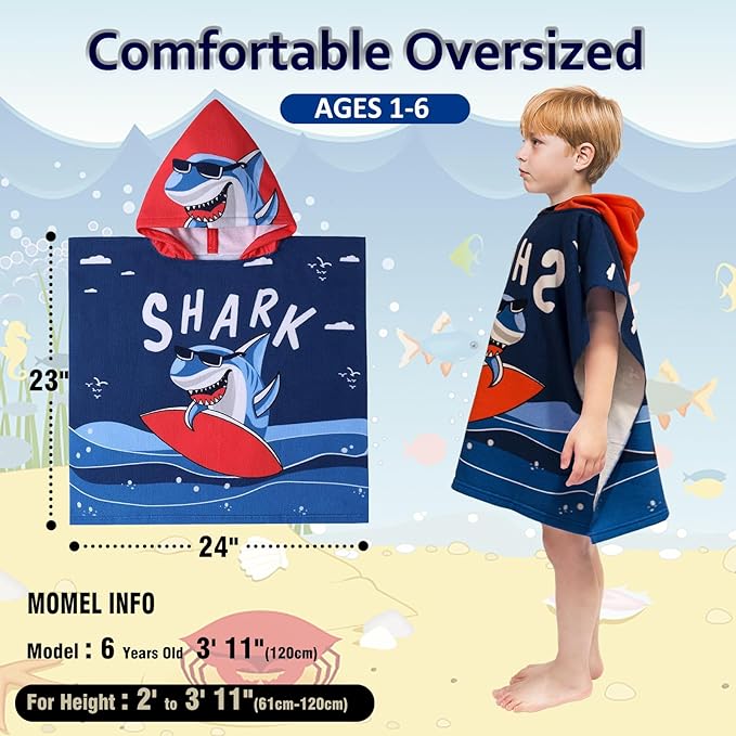 Hooded Kids Beach Towels - Toddler Bath Towel Girls Boys Swim Cover-ups for Ages 1 to 6 Kids Pool Towels Quick Dry Lightweight Soft Microfiber Poncho Towel 24x23 (Shark Surfing)