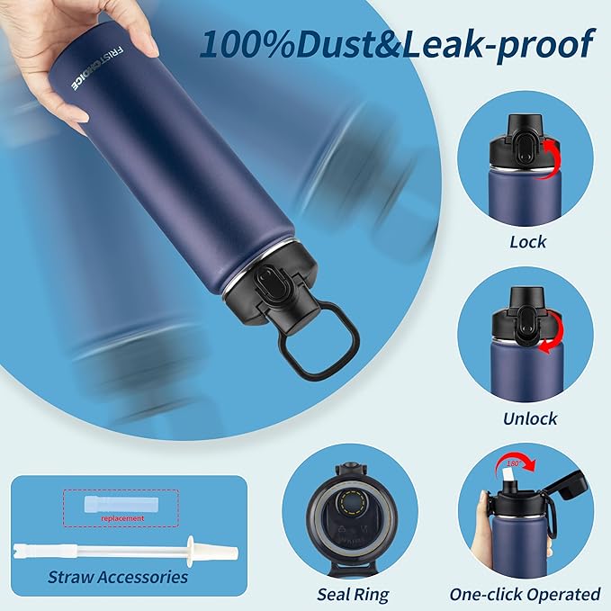 Insulated water bottle with Straw,24oz Stainless Steel Water Bottle for Adult Kids,Double Wall Vacuum Wide Mouth Insulated Water Bottle for Sports,BPA-free and Leak-proofοΌ24oz,Navy blueοΌ