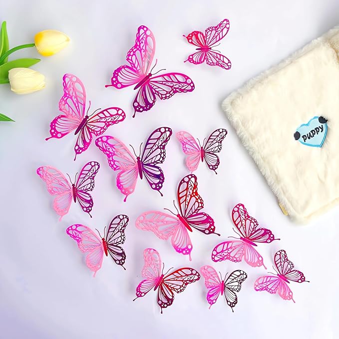 3D Butterfly Wall Decor 3 Sizes 4 Styles, Kurilai 48Pcs Butterfly Decorations Party Birthday Cake Decoration, Removable Wall Stickers for Kids Nursery Wedding Bedroom Room Decor (Pink)