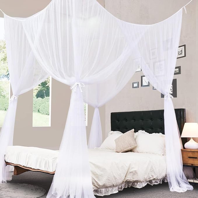 South to East White Canopy Bed Curtains, 4 Corner Post Bed Canopy for Girls & Adults, Top Luxurious Bed Drapes for Bedroom Decoration, 4 Openings, 100% Ripstop Polyester, Easy Install, King/Queen Size