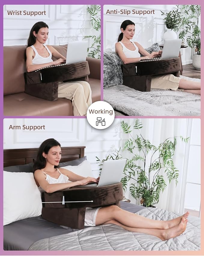 Weighted Idea Reading Pillow for Gaming, Meduim Gaming Pillow for Adult,Table Pillow with 2 Side Pockets for Gaming, Reading, Working Sitting in Bed Floor Sofa (Brown)