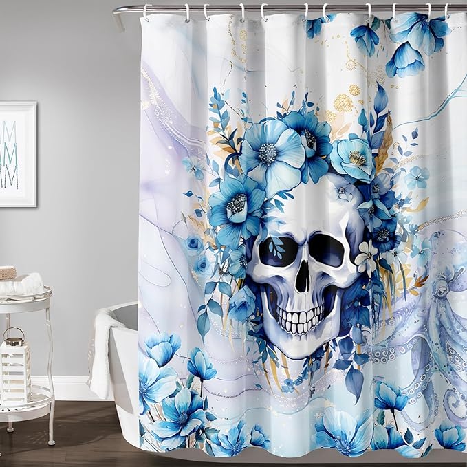 AILONEN Sugar Skull Blue Shower Curtain, Watercolor Floral Skull Octopus Printed Bath Curtain,Bathroom Waterproof Shower Curtain for Boys Girls 72" W x 84" H,with 12 Plastic Hooks