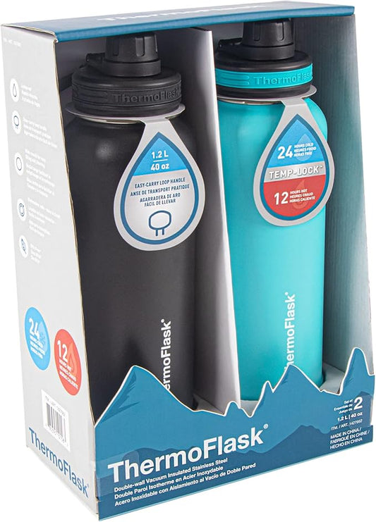 ThermoFlask 40 oz Double Wall Vacuum Insulated Stainless Steel 2-Pack of Water Bottles, Onyx Black/Splash
