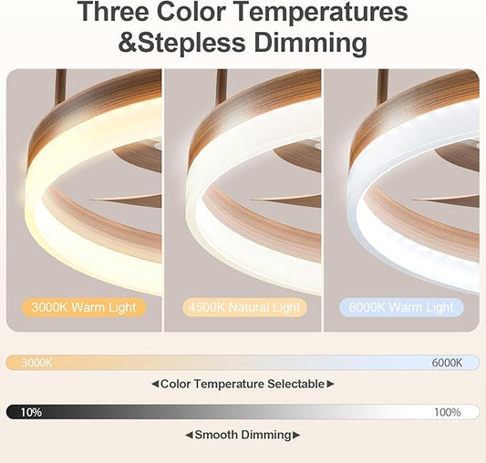 KDZ Low Profile Ceiling Fans with Lights and Remote, 20'' Bladeless Fandelier Ceiling Fans with Remote App, 3000-6000K Color Temperature Flush Mount Wooden Ceiling Light with 6 Speeds For Bedroom