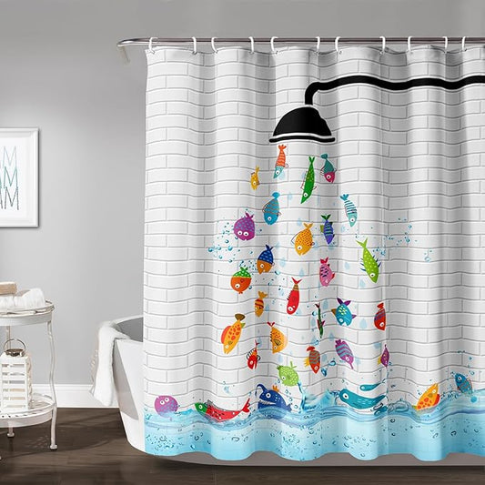 AILONEN Cute Fish Shower Curtain for Kids 36" W*72" H Inch,Raining Fish Playing Water Shower Curtains,12 Pack Hooks Polyester Waterproof Fabric Decor for Bathroom Bathtub Panels