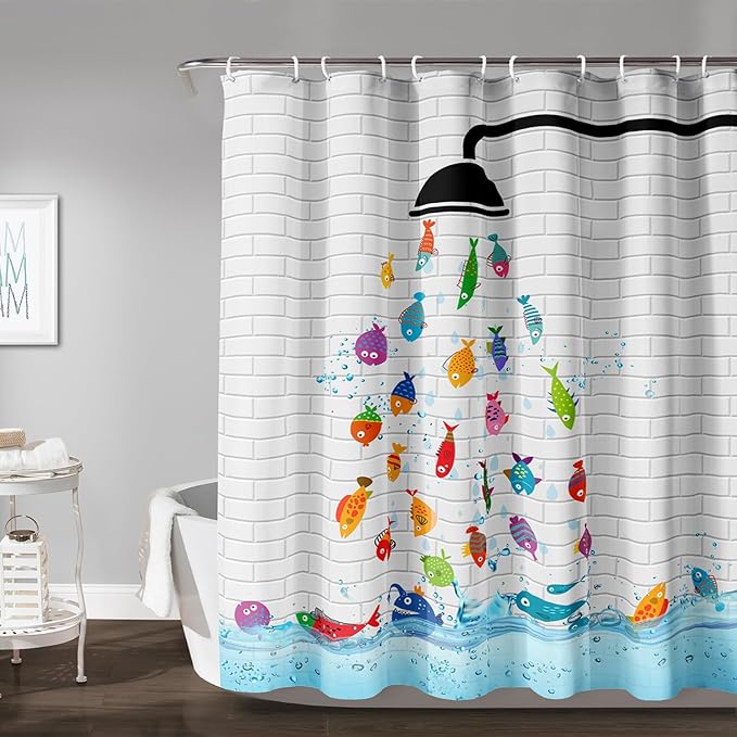 AILONEN Cute Fish Shower Curtain for Kids 48" W*72" H Inch,Raining Fish Playing Water Shower Curtains,12 Pack Hooks Polyester Waterproof Fabric Decor for Bathroom Bathtub Panels