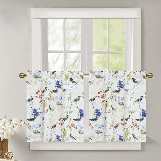 Leeva Bird Printed Small Window Curtain Panels, 30 Inch Length Sets Bird and Floral Pattern Design Short Small Curtains for Kitchen Office Cafe Studio, 2 Panels