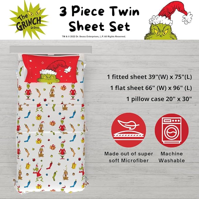 Franco Collectibles Dr. Seuss The Grinch Holiday & Christmas Bedding Super Soft Microfiber 3 Piece Twin Sheet Set, (Officially Licensed Product)