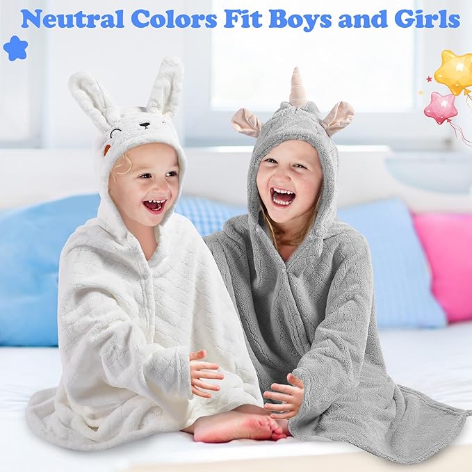 2 Pcs Toddler Hooded Bath Towel 50" x 32'' Thick Animal Hooded Towel for Kid Absorbent Baby Bath Towel Bathrobe Blanket for Boy Girls 0-5 Years(Light Grey, White, Unicorn, Rabbit)