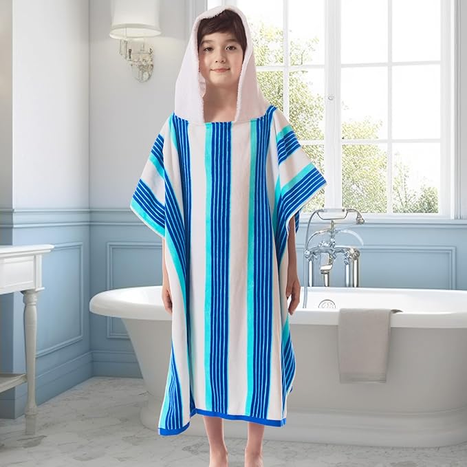 VOOVA & MOVAS Poncho Towels with Hood - Teens Hooded Pool Towel Robe (8-16Years), Large and Absorbent Cotton - Versatile for Beach, Pool, Swim, and Bath, Blue&White Stripe