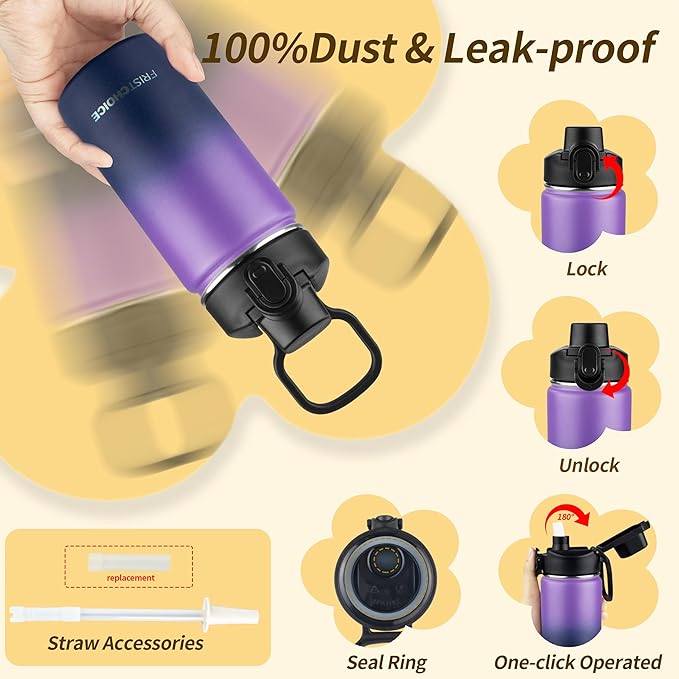 Kids Insulated Water Bottle with Straw,14oz Stainless Steel Water Bottle,BPA-free and Leak-proof,Double Wall Vacuum Water Flask for School,Gifts for Boys and Girls(14oz,Purple Navy blue)
