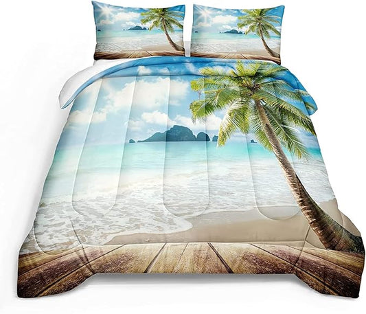 Bedbay Beach Comforter Set California King Ocean Themed Bedding Comforter Tropical Palm Tree Sunny Beach Coastal Bedding Set 4 Pieces for All Season(104" Wx96 L)