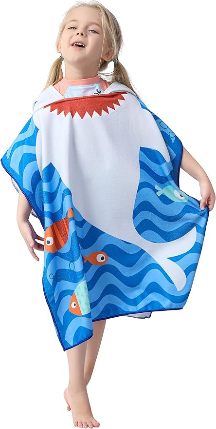 Toddler Bath Beach Towel Poncho with Hood, Kid Bath Pool Swim Bathrobe Cover-ups Swimwear (GREY SHARK)