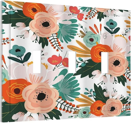 Rustic Floral Boho Colorful Flower 3 Gang Light Switch Covers Triple Toggle Wall Plate Decorative Switchplate Electrical Faceplate for Farmhouse Bathroom Bedroom Kitchen Decor
