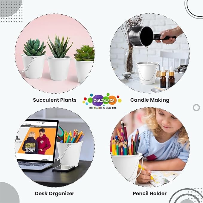 Small Metal Buckets with Handle 6 Pcs – Galvanized Bucket Leak Proof & Rust Resistant 20 fl oz Capacity - Best for Party Décor, Organizing & Decorating Classrooms (White, Small 4.3" Top)