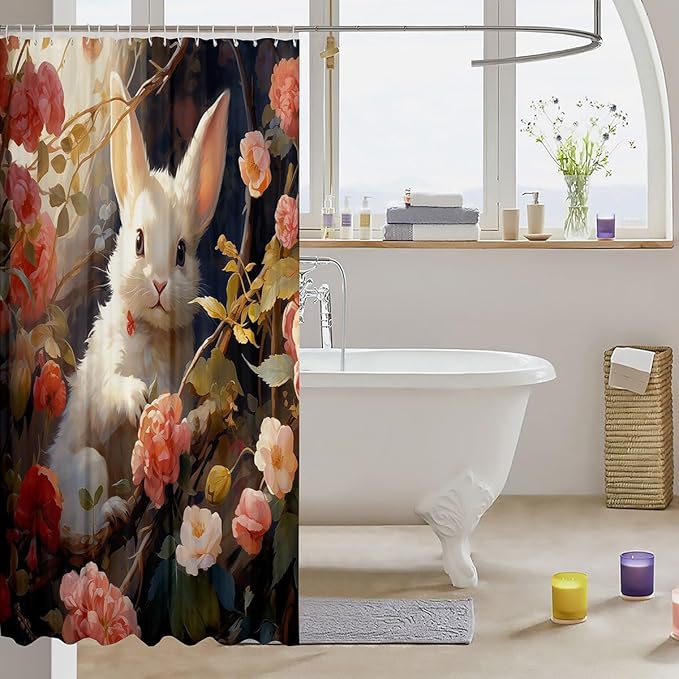 Feelyou Cute Rabbit Fabric Shower Curtain Cute Bunny Shower Curtain for Boys Girls 3D Print Bathroom Waterproof Accessories with 12 Hooks Pink Flower Curtains,72x72 Inches