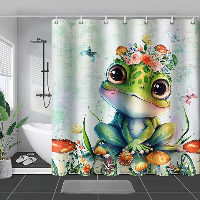 AILONEN Cute Frog Shower Curtain Cartoon Animal Wildlife Frog Cartoon Mushroom Minimalist Modern Art Retro Green Shower Curtain Bathroom Decor Curtains with 12 Hooks 72" W*84" H