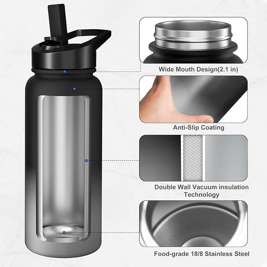 40oz Insulated Water Bottle with 3 Lids(Straw, Hand and Spout Lid), Double Vacuum Stainless Steel Metal Water Flask(BPA-free, CPC) for Sports, Camping, Hiking, Cycling, Fitness and more(Black Grey)
