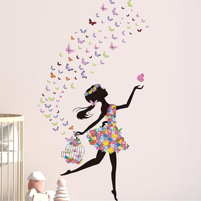 Flower Fairy Wall Decals Peel and Stick Large Princess Wall Decals for Girls Bedroom with Birdcage Pink Butterfly Wall Decor Stickers for Baby Girl Nursery Living Room Classroom (2 Sheets)