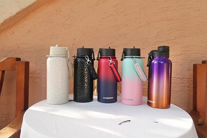 32oz Insulated Water Bottle with Paracord Handles & Strap, 2 Lids(Straw Lid&Spout Lid), Stainless Steel Reusable Wide Mouth Metal Water Bottle With Straw, Double Walled, Thermo Mug,(White Leoqard)