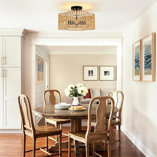 Boho Light Fixtures Ceiling Mount, 4-Light Farmhouse Rattan Ceiling Light Fixture, Semi Flush Mount Ceiling Light with Hand-Woven Shade, Modern Chandelier for Living Bedroom Kitchen Nursery