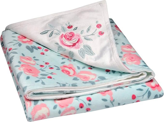 2 Ply Silky Mink Embroidered Baby Blanket, Reversible Garden Rose Print, (Aqua, 30 in. x 40 in.)