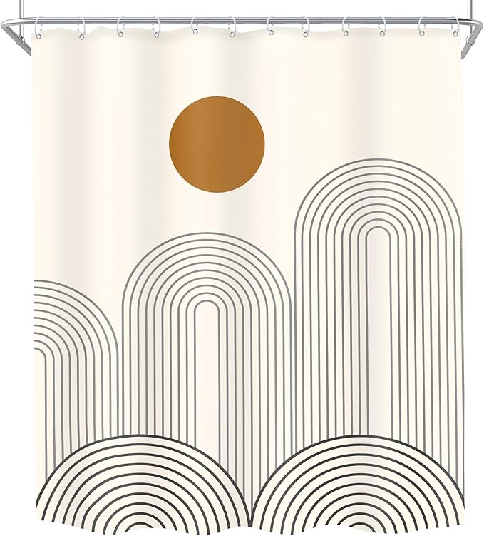 MESHELLY Boho Mid Century Shower Curtain 60Wx72H Abstract Modern Sun Minimalist Arch Simple Geometric Bathroom Curtain Beige Brown Bath Curtain Cloth Fabric Bathroom Accessories Decor with 12 Hooks