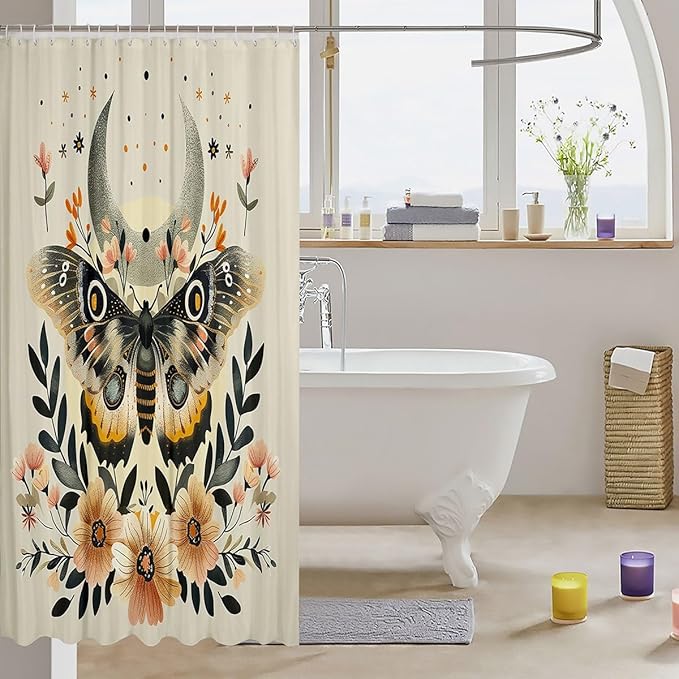 Feelyou Butterfly Fabric Shower Curtain Bohemian Moth Shower Curtain for Kids Boys Girls Moon Galaxy Bathroom Waterproof Accessories with 12 Hooks Flower Weed Botanical Curtains,72X72 Inches