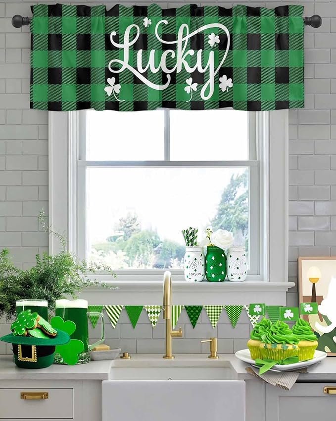 St. Patrick's Day Buffalo Plaid Kitchen Curtains Valances for Windows Lucky Shamrocks Clover Rod Pocket Window Treatment for Kitchen /Living Room/Bedroom/ Bathroom, 54" X 18", Rustic Green Black