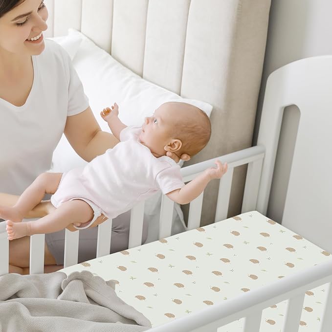 2-Pack Mini Crib Sheets Fitted, Pack and Play Sheets - Organic Cotton Pack N Play Sheets for Pack and Play Mattress, Playard Baby Crib Sheets, Jersey Crib Sheets Neutral for Boys,Girls (Nibbles/Bruce)