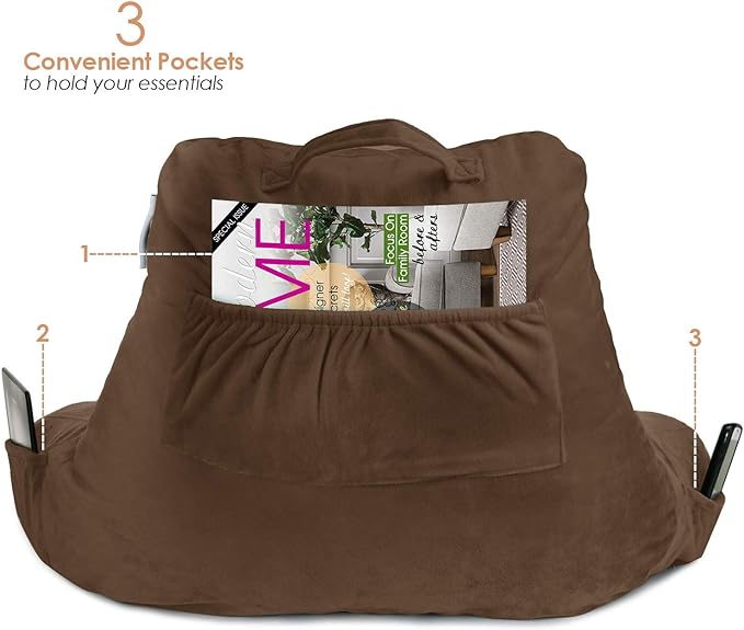 Nestl Reading Pillow Standard Bed Pillow, Back Pillow for Sitting in Bed Memory Foam Chair Pillow, Reading & Bed Rest Pillows Chocolate Brown Back Pillow for Bed, Bed Chair Arm Pillow with Pockets