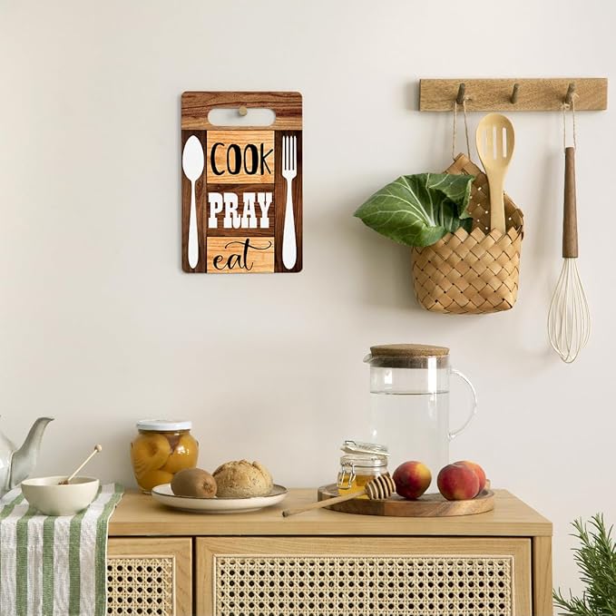 Farmhouse Kitchen Decor, Kitchen Signs Wall Decor, Wall Decor for Kitchen, Kitchen Decorations, Kitchen Door Wall Hanging Decor, Cook Pray Eat Wood Sign 8 x 12 Inch