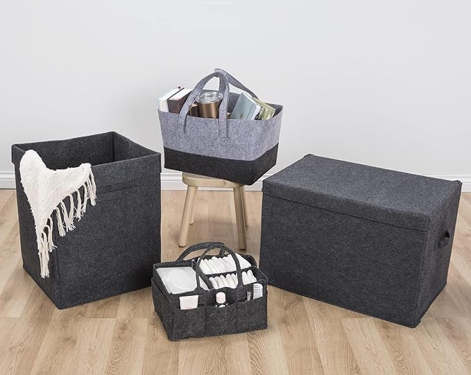 Sammy & Lou Collapsible Felt Soft Toy Box Toy Chest for Toddlers Toy Storage Organizer with Handles and Hinged Lid, 22 x 14.5 x 15 inches, Charcoal Gray