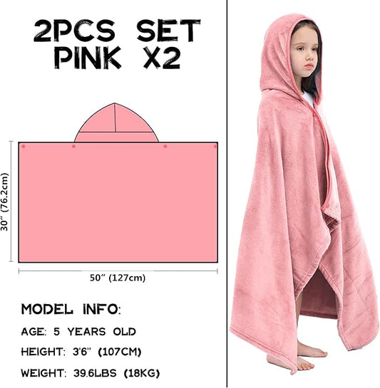 Hiturbo 2Pcs Kids Fleece Hooded Towel: Soft Plush Warm Blanket - 50"x30" Pool Beach Bath Swim Towel Wrap for 3-12 Yrs (Pink)